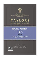 Taylors of Harrogate Earl Grey tea bags close-up, convenient 50-count for everyday brewing.
