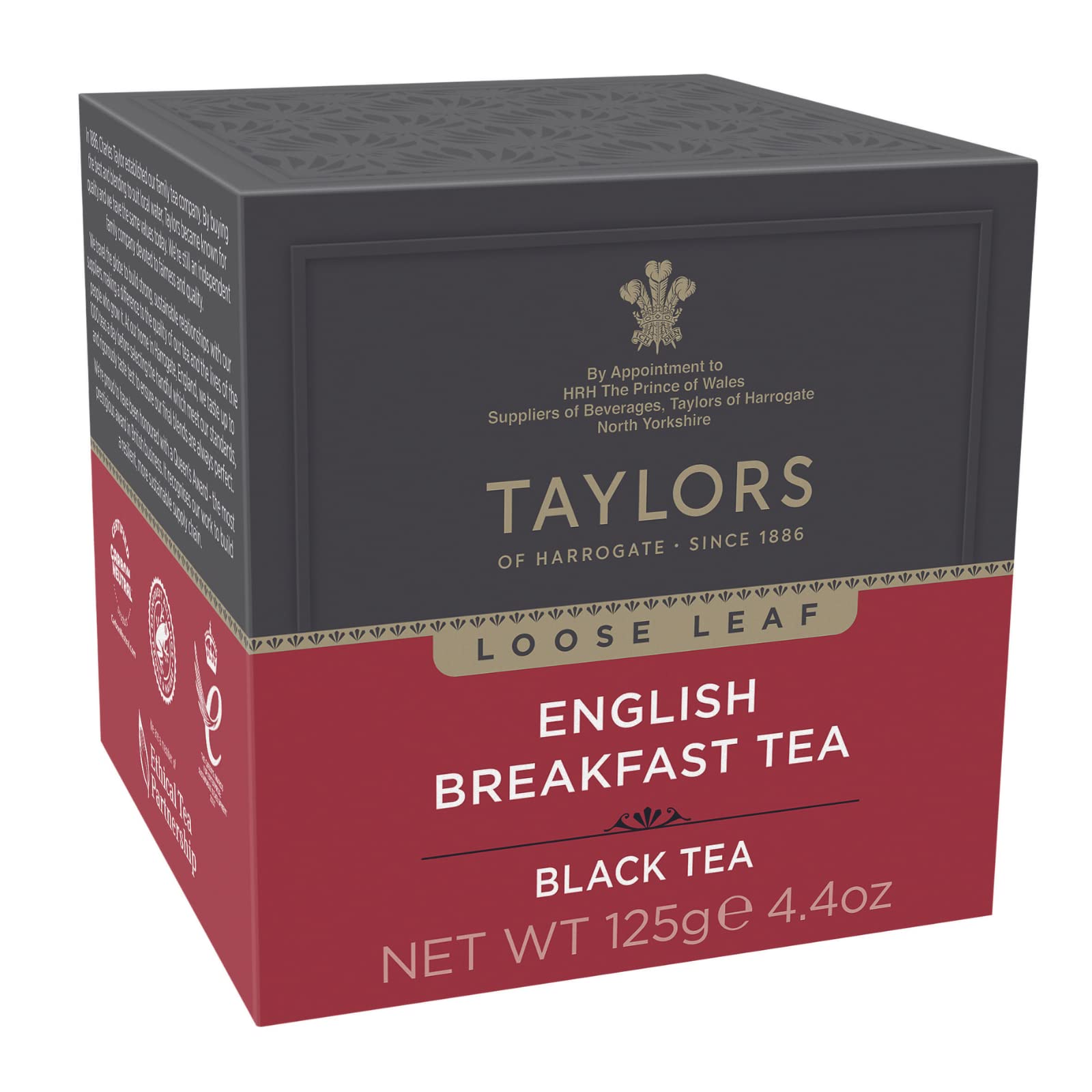 Taylors of Harrogate English Breakfast loose leaf tea carton with golden tips for a rich, malty flavor.