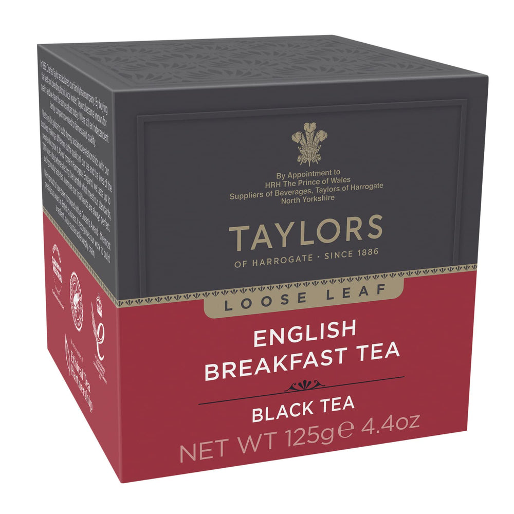 Taylors of Harrogate English Breakfast loose leaf tea carton with golden tips for a rich, malty flavor.