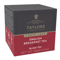 Taylors of Harrogate English Breakfast loose leaf tea carton with golden tips for a rich, malty flavor.
