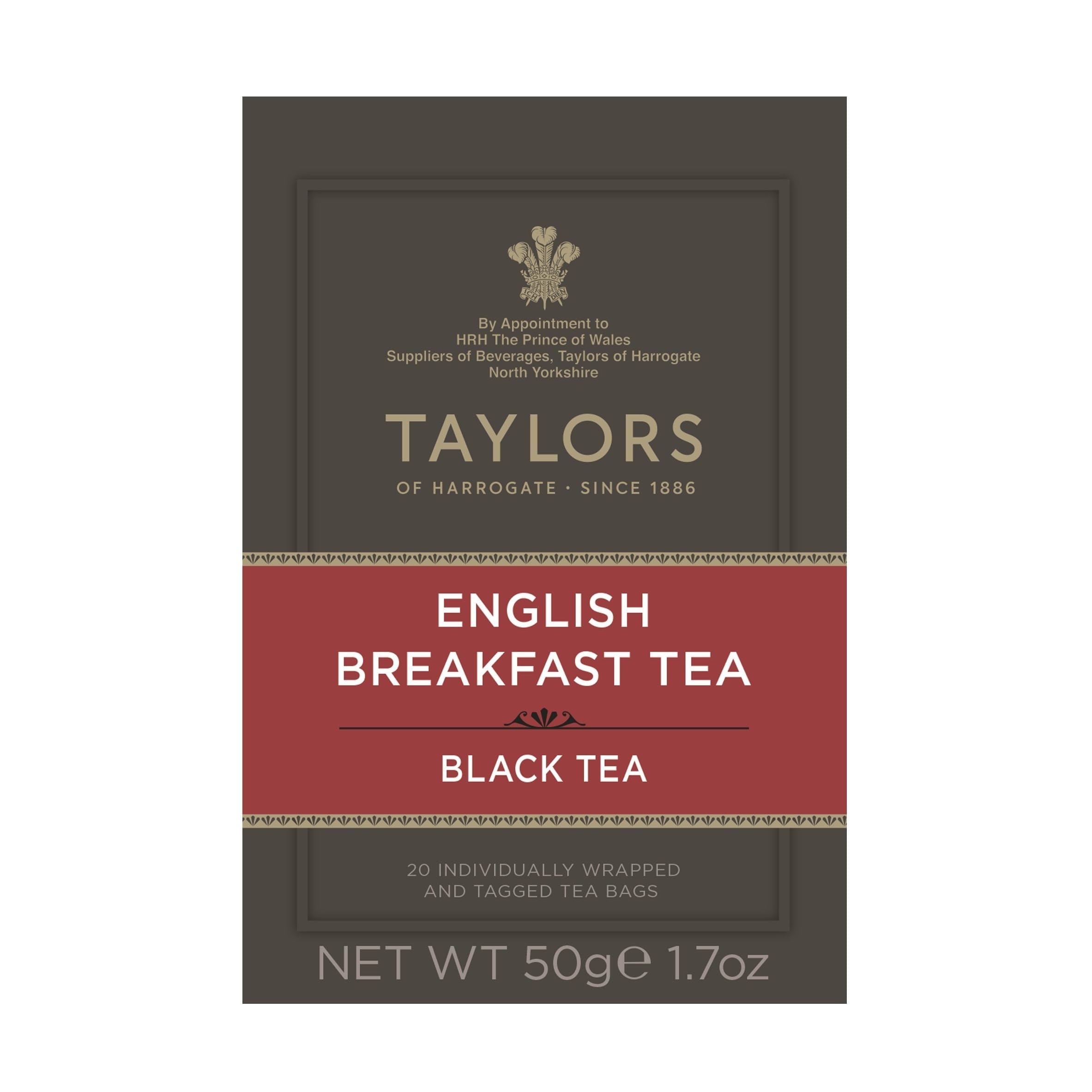 Taylors of Harrogate English Breakfast tea bags for a bold morning boost.