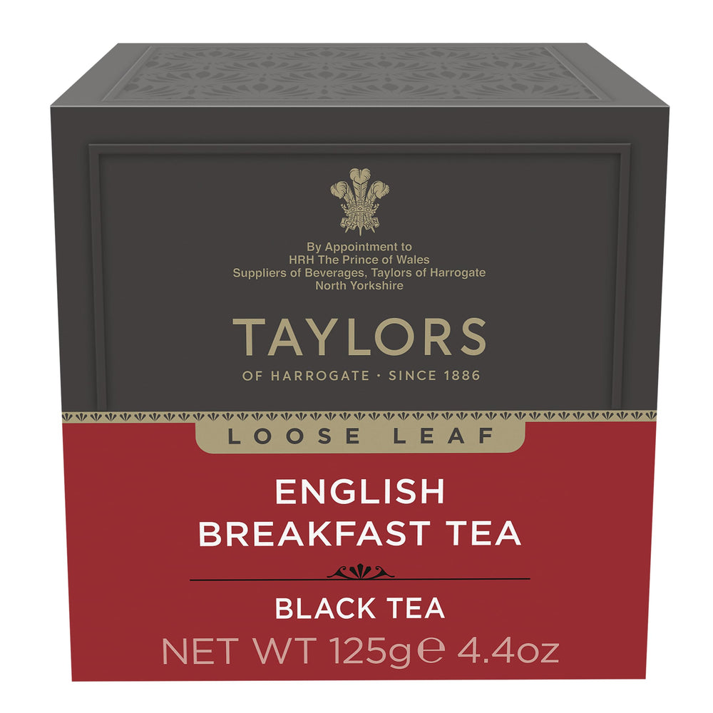 Taylors of Harrogate English Breakfast tea leaves close-up showing golden tips for premium quality.