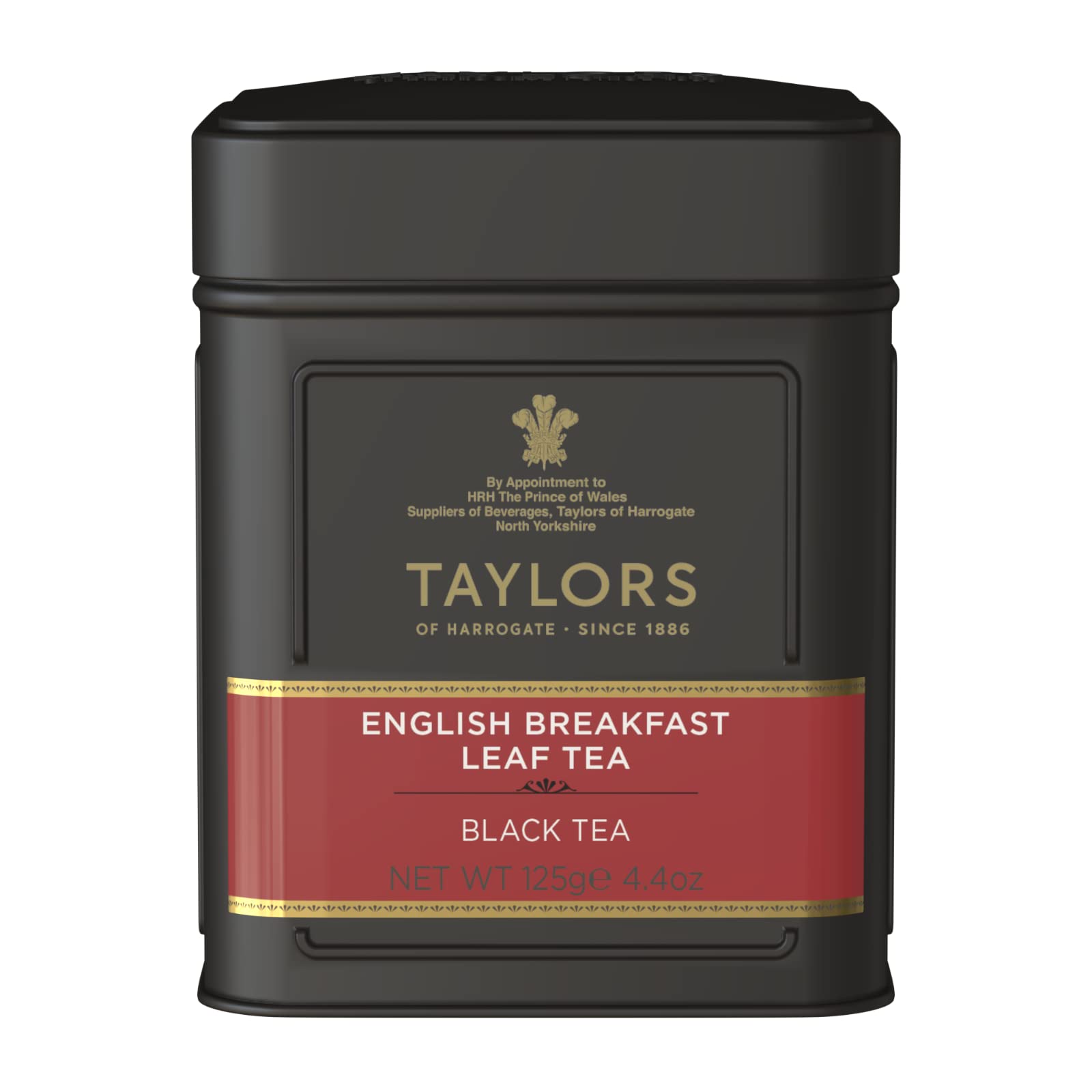 Taylors of Harrogate English Breakfast tin front with elegant black and gold packaging.