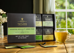 Individually wrapped Taylors of Harrogate green tea bags for quick tastings