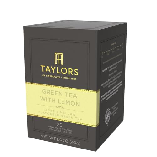 Taylors of Harrogate lemon tea bag steeping for a bright, citrus-forward cup.