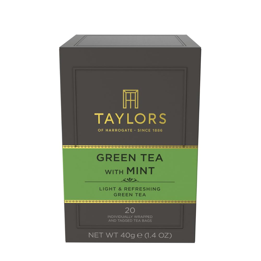 Taylors of Harrogate Green Tea with Mint bag closeup for a refreshing brew.