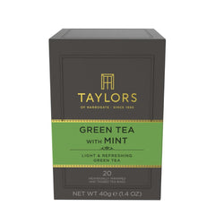 Taylors of Harrogate Green Tea with Mint bag closeup for a refreshing brew.