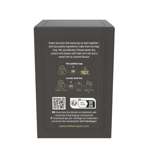 Taylors of Harrogate Green Tea with Mint ingredients list showing sencha and peppermint.