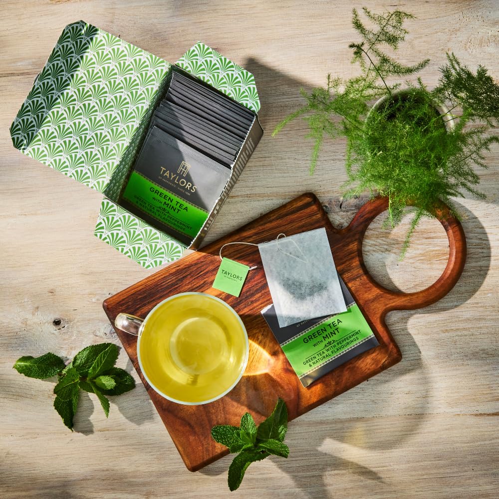 Taylors of Harrogate Green Tea with Mint packaging label closeup.