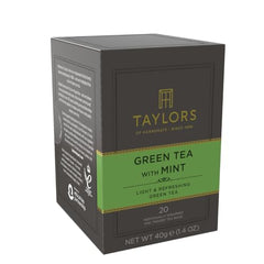 Taylors of Harrogate Green Tea with Mint packaging and individual tea bags.