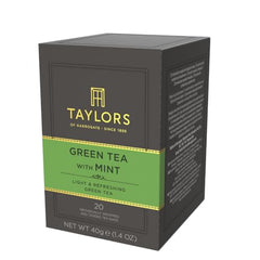 Taylors of Harrogate Green Tea with Mint steeping cup releasing a crisp aroma.