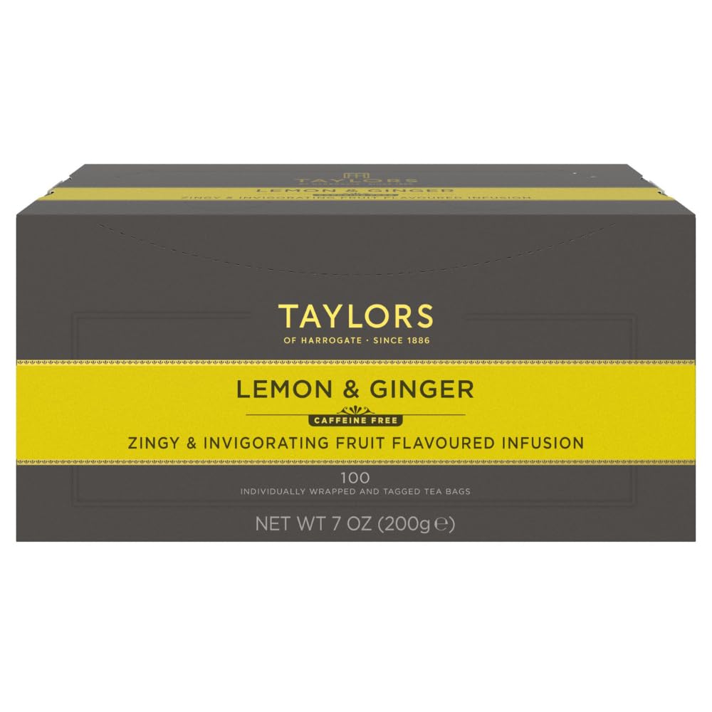 Taylors of Harrogate Lemon Ginger tea bag close-up showing fresh ingredients and infusion potential.