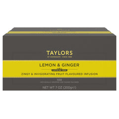 Taylors of Harrogate Lemon Ginger tea bag close-up showing fresh ingredients and infusion potential.