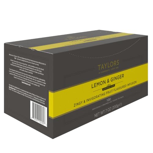 Taylors of Harrogate Lemon Ginger tea bags packaging display ready for gifting or stocking a cupboard.