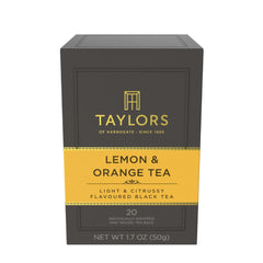 Taylors of Harrogate Lemon & Orange tea box with bags; convenient single-serve packaging.