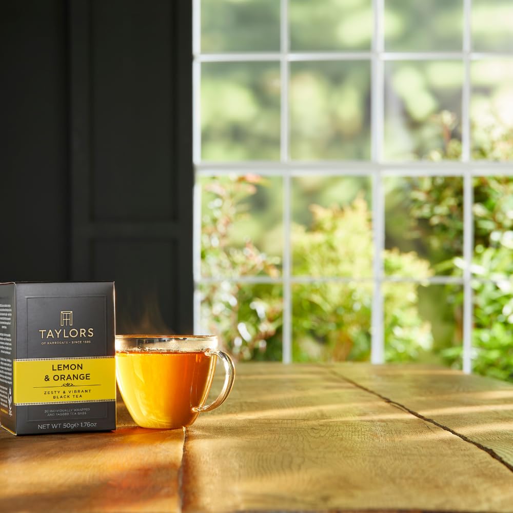 Taylors of Harrogate lemon-orange hot cup; inviting citrus aroma in every sip.