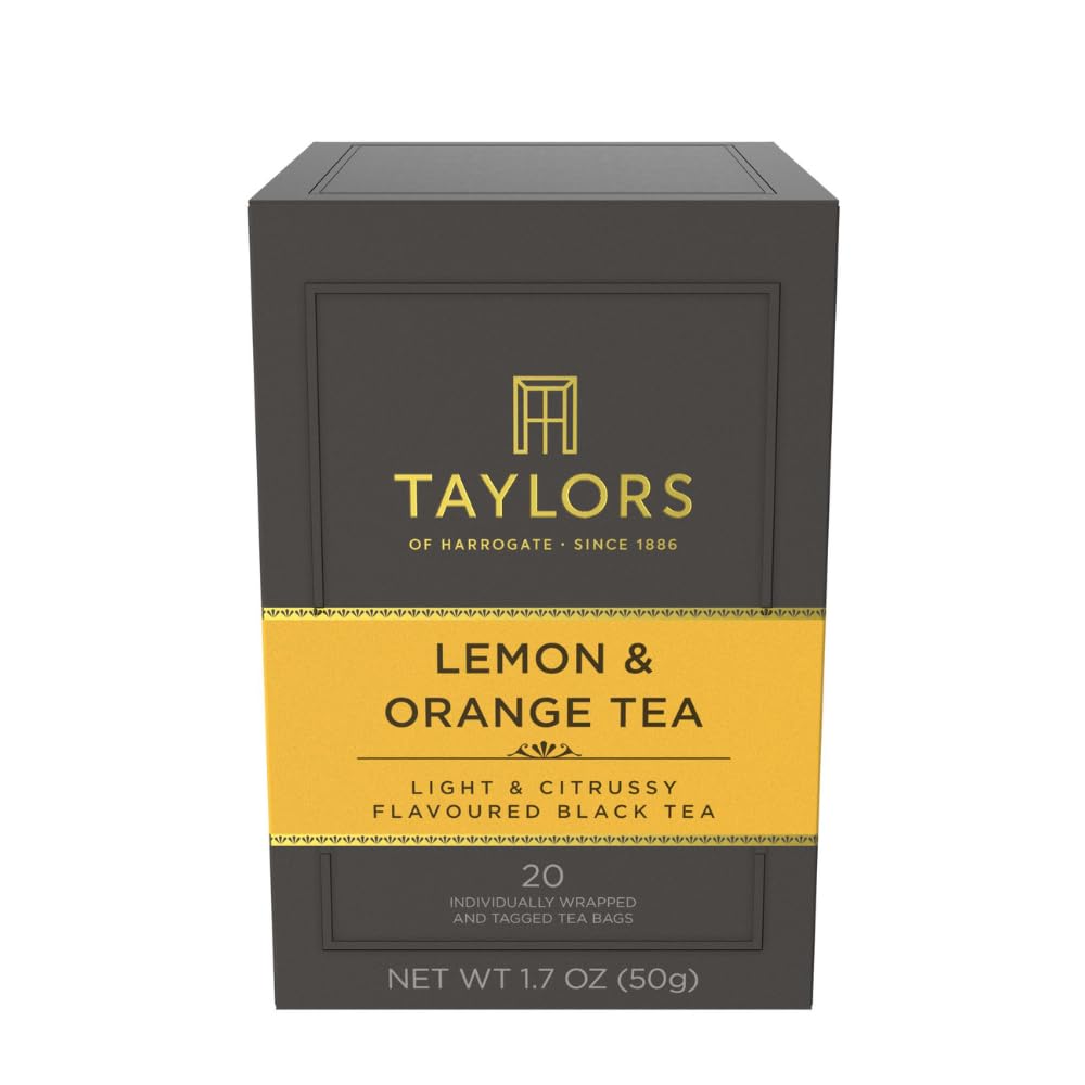 Taylors of Harrogate Lemon & Orange tea box front, vibrant citrus promise.