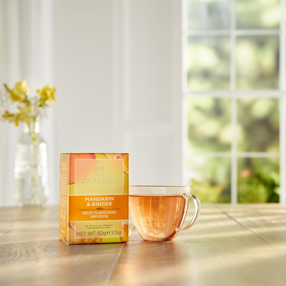Hot cup of Taylors of Harrogate Mandarin Ginger tea with steam rising