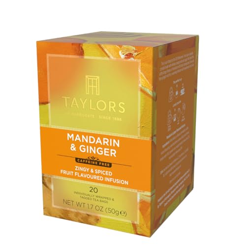 Individually wrapped Taylors of Harrogate Mandarin Ginger tea bags for freshness on the go