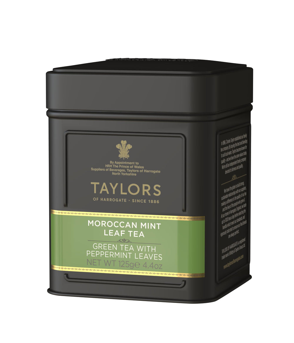 Taylors of Harrogate Moroccan Mint loose-leaf tea in a tin, refreshingly balanced green tea and peppermint.