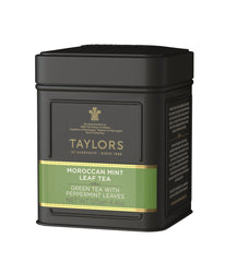 Taylors of Harrogate Moroccan Mint loose-leaf tea in a tin, refreshingly balanced green tea and peppermint.