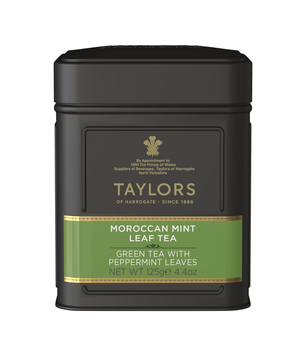 Taylors of Harrogate Moroccan Mint tea within a tin, vibrant infusion ideal for a refreshing cup.