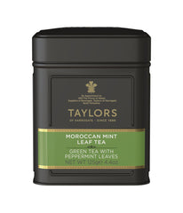 Taylors of Harrogate Moroccan Mint tea within a tin, vibrant infusion ideal for a refreshing cup.