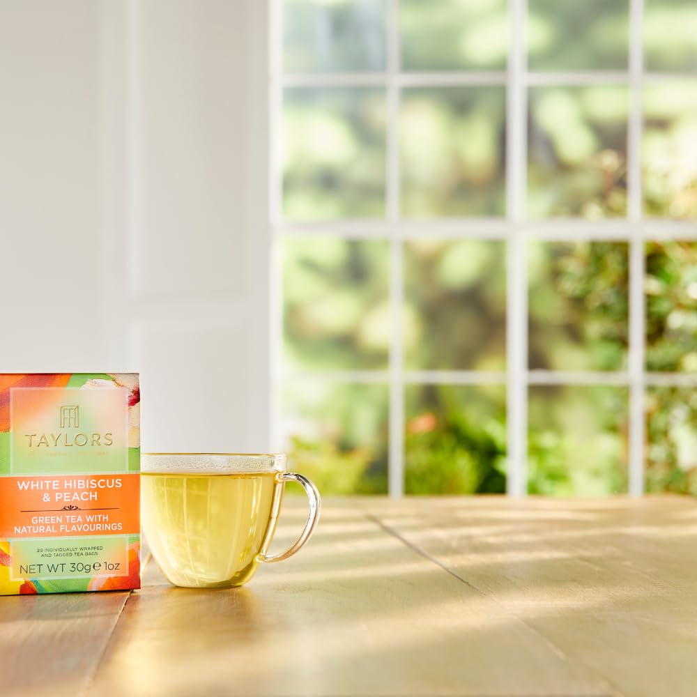 Peach slices evoke juicy flavor notes with Taylors of Harrogate tea.
