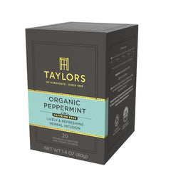 Taylors of Harrogate peppermint tea bags closeup, crisp leaves and wrapped freshness