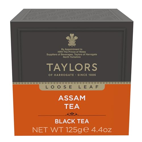 Taylors of Harrogate Pure Assam gold-tip leaves signal premium quality and depth.