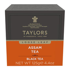Taylors of Harrogate Pure Assam gold-tip leaves signal premium quality and depth.