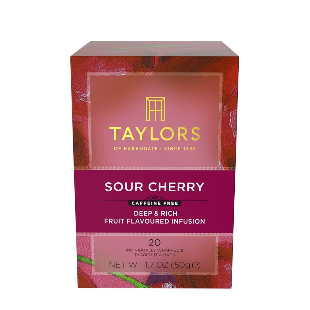 Taylors of Harrogate Sour Cherry tea bags ready for hot or iced infusions