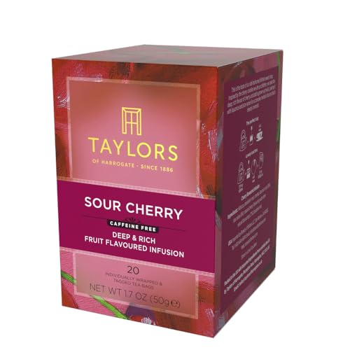 Front view of the Taylors of Harrogate Sour Cherry tea box highlighting caffeine-free richness
