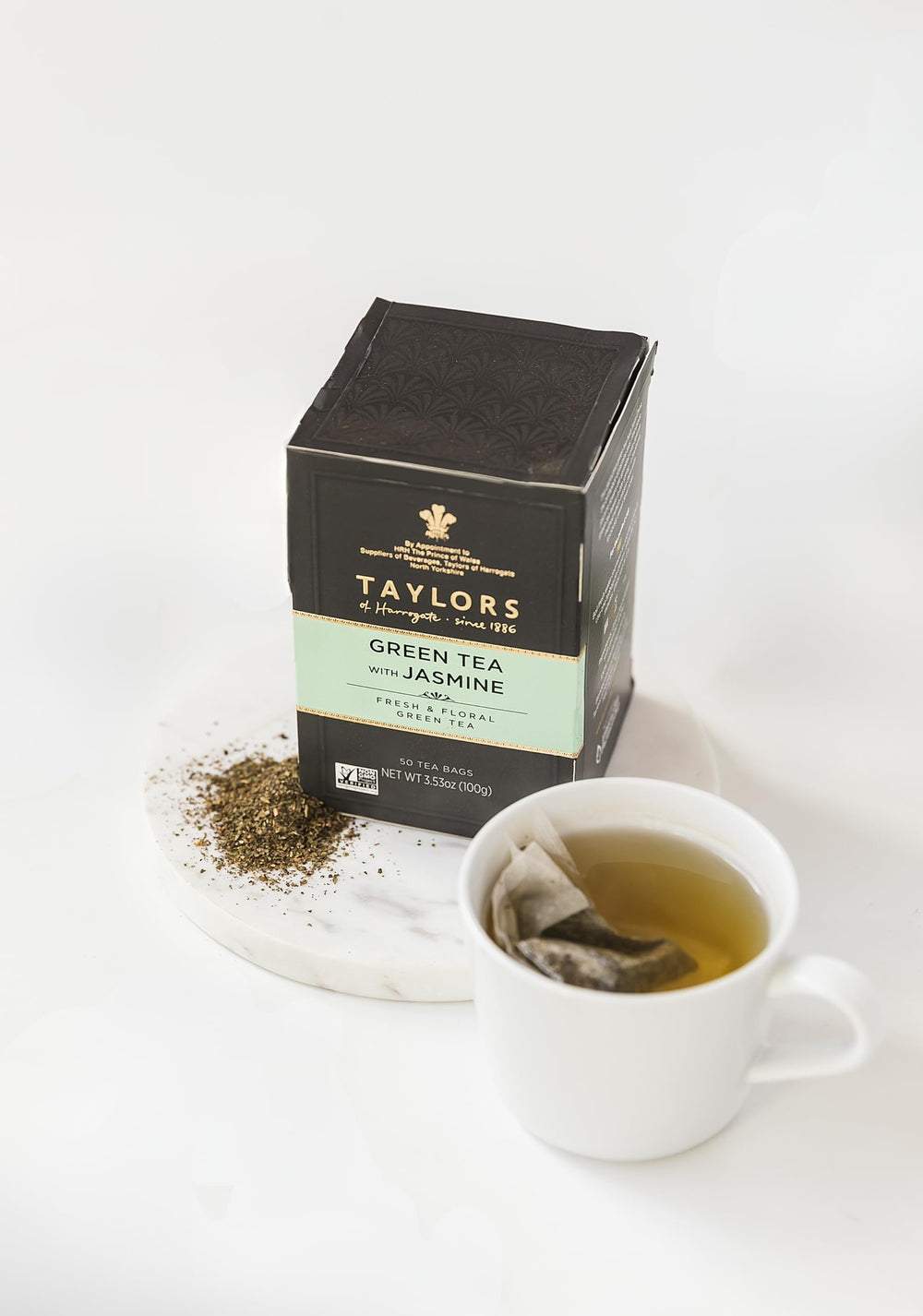 Taylors of Harrogate tea bag close-up highlighting delicate scent.