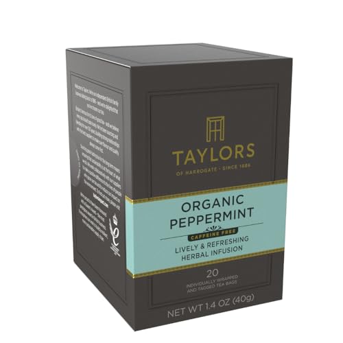 Taylors of Harrogate tea bag in hot water releasing bright peppermint aroma