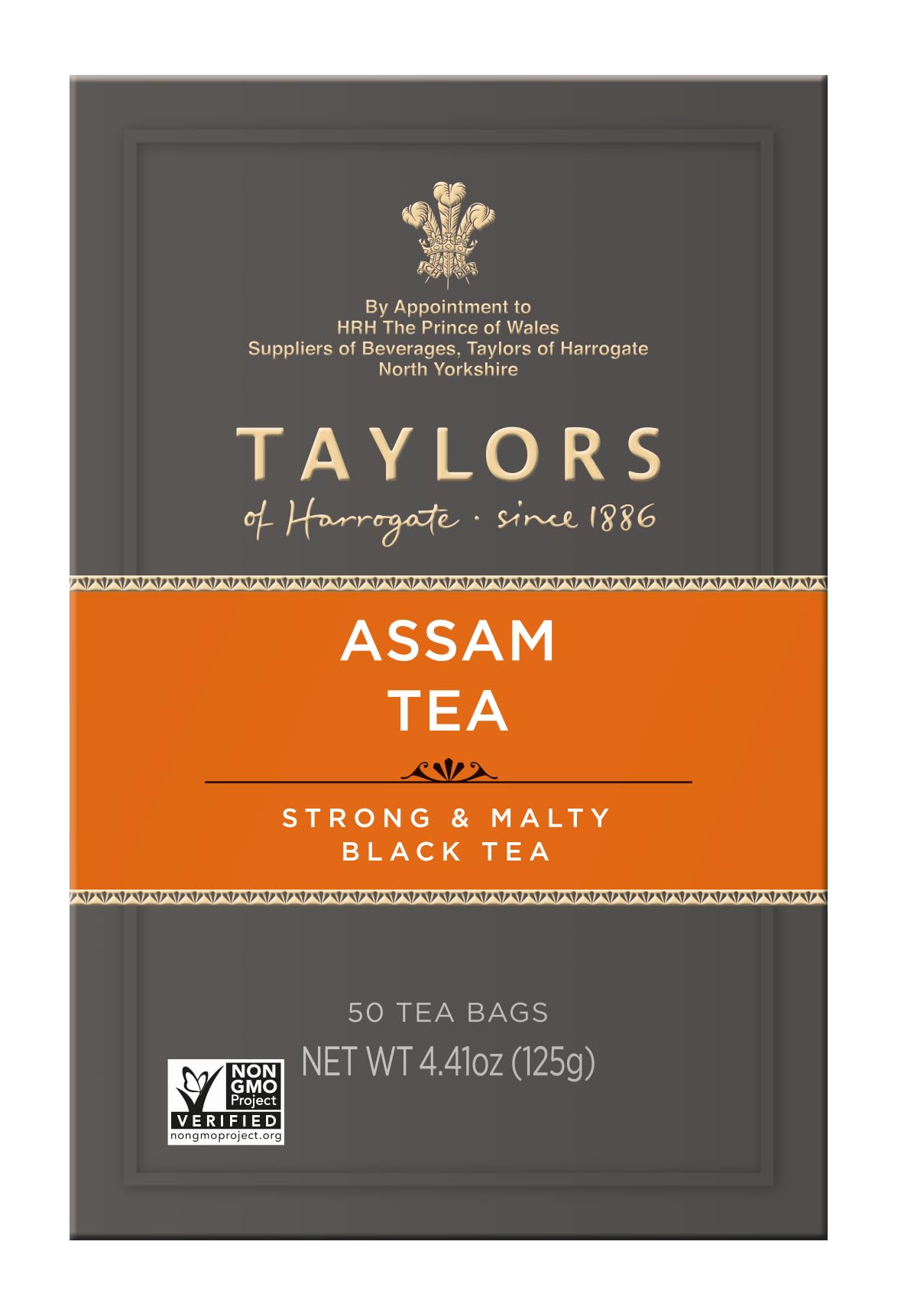 Close-up of Taylors packaging showing natural Assam tea