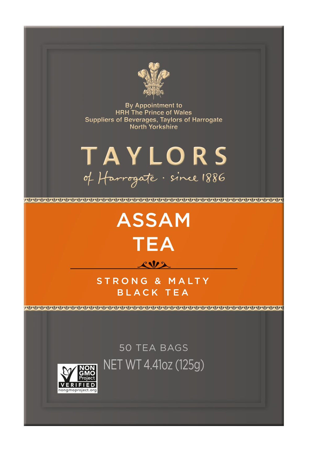 Close-up of Taylors packaging showing natural Assam tea