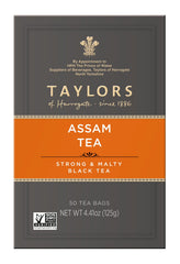 Close-up of Taylors packaging showing natural Assam tea