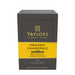 Taylors of Harrogate chamomile tea bag resting in cup with soothing aroma