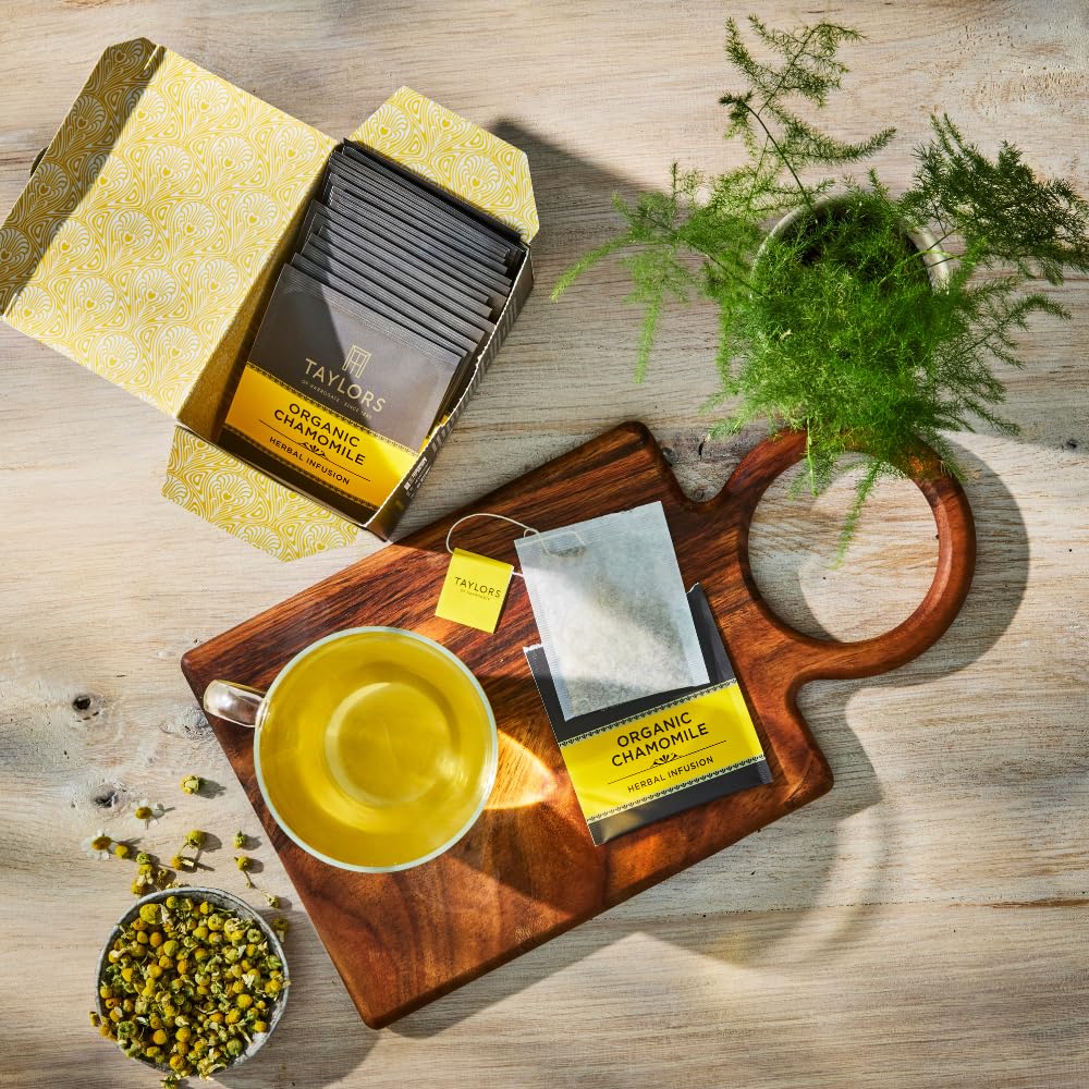 Taylors chamomile tea being brewed, steam rising above a comforting cup