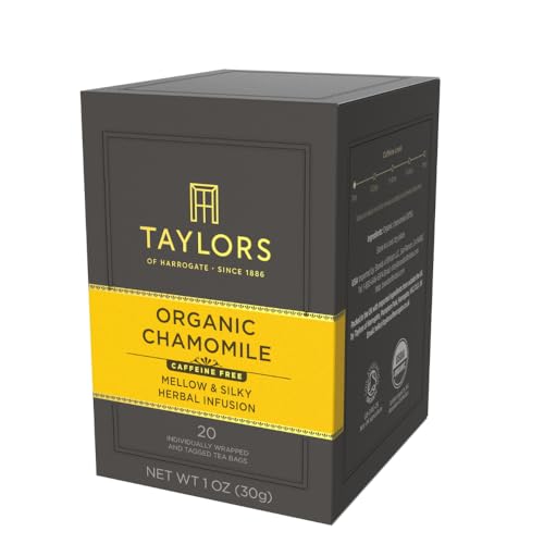 Taylors chamomile tea cup steeping, gentle flavor awakening a mellow evening ritual