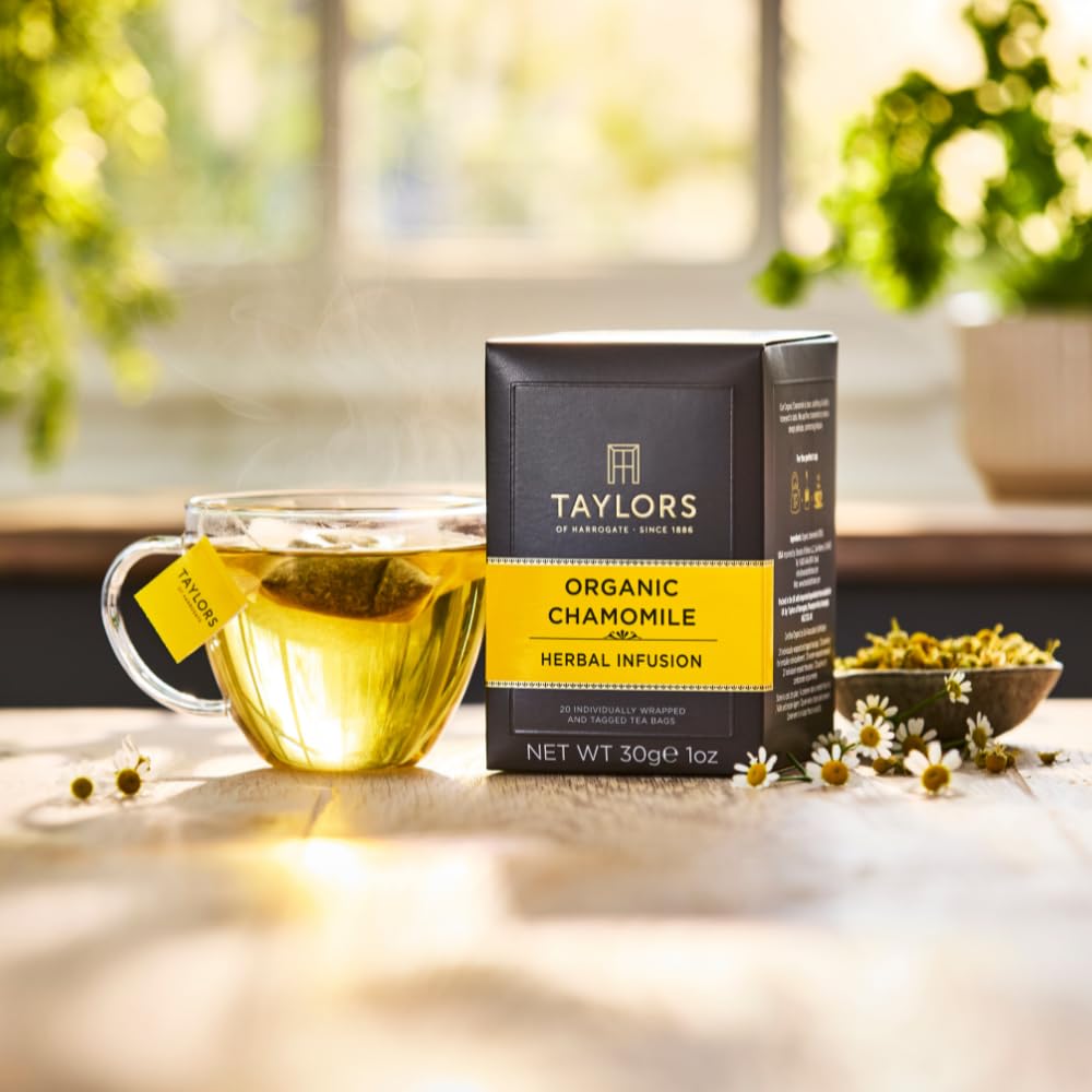 Taylors chamomile tea bag closeup with warm honey notes
