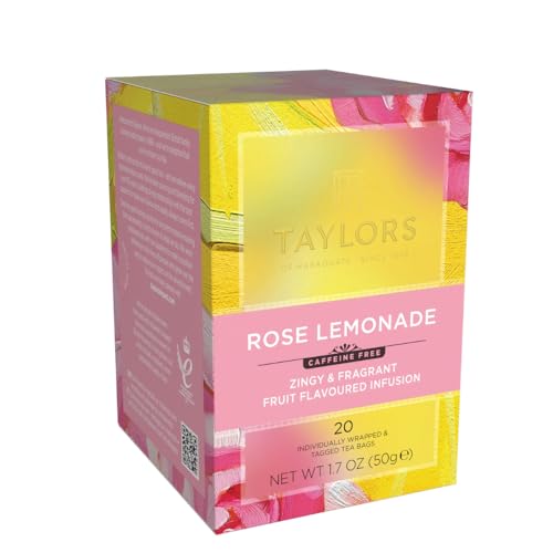 Taylors of Harrogate Rose Lemonade Infusion rose petals close-up highlights floral aroma.