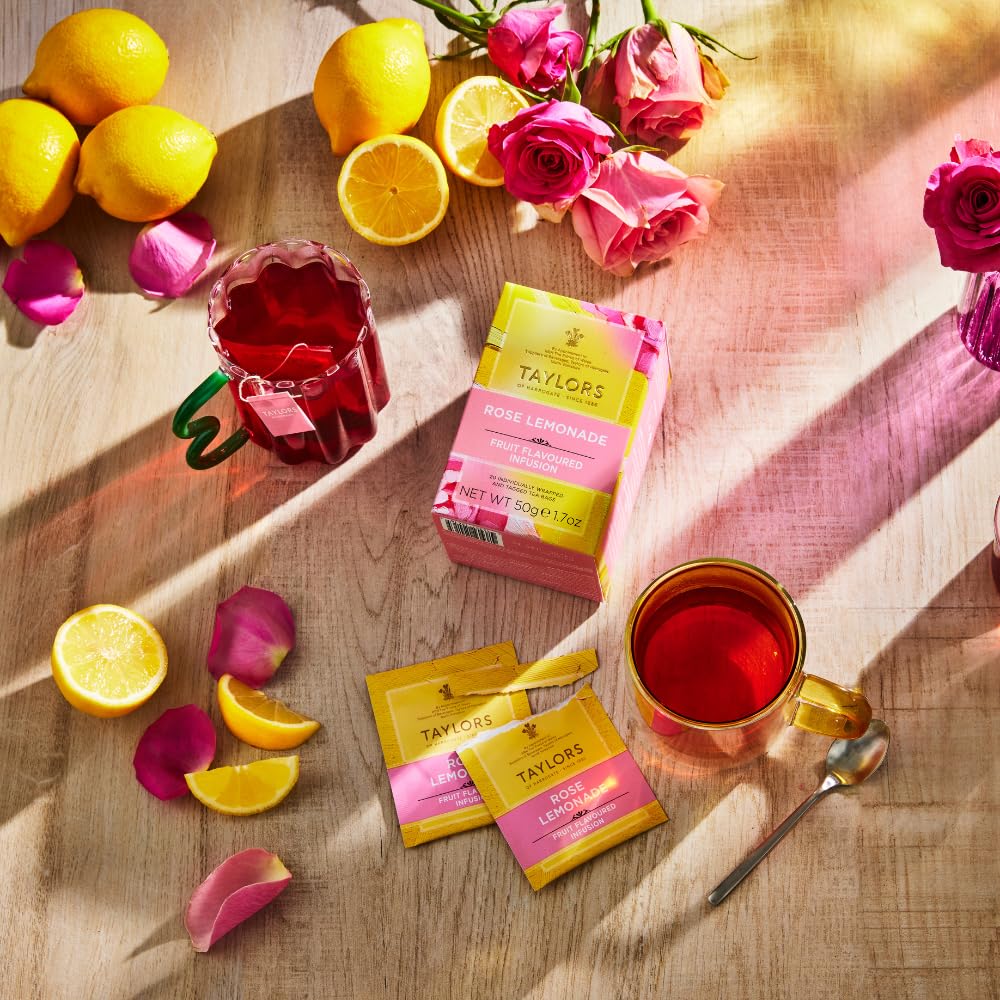 Taylors of Harrogate Rose Lemonade Infusion packaging emphasizes sustainability and ethical sourcing.