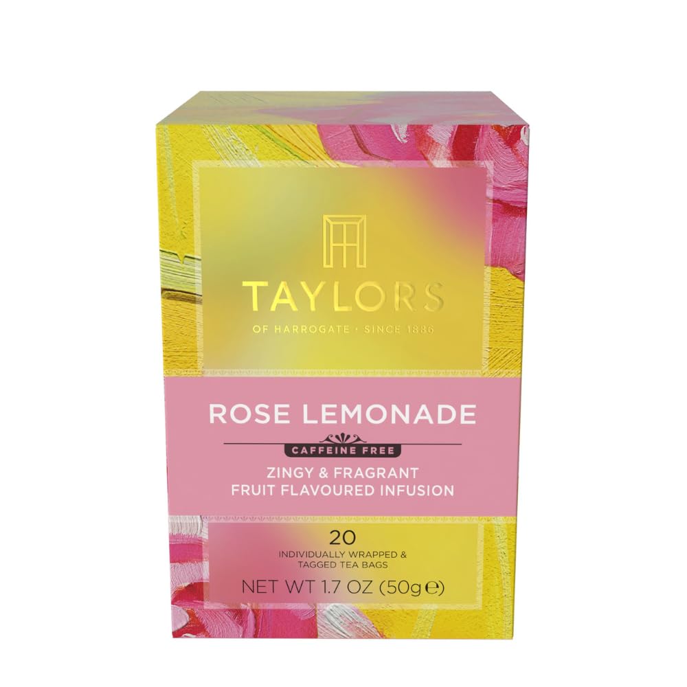 Taylors of Harrogate Rose Lemonade Infusion tea bags in a pack, convenient daily caffeine-free brewing.