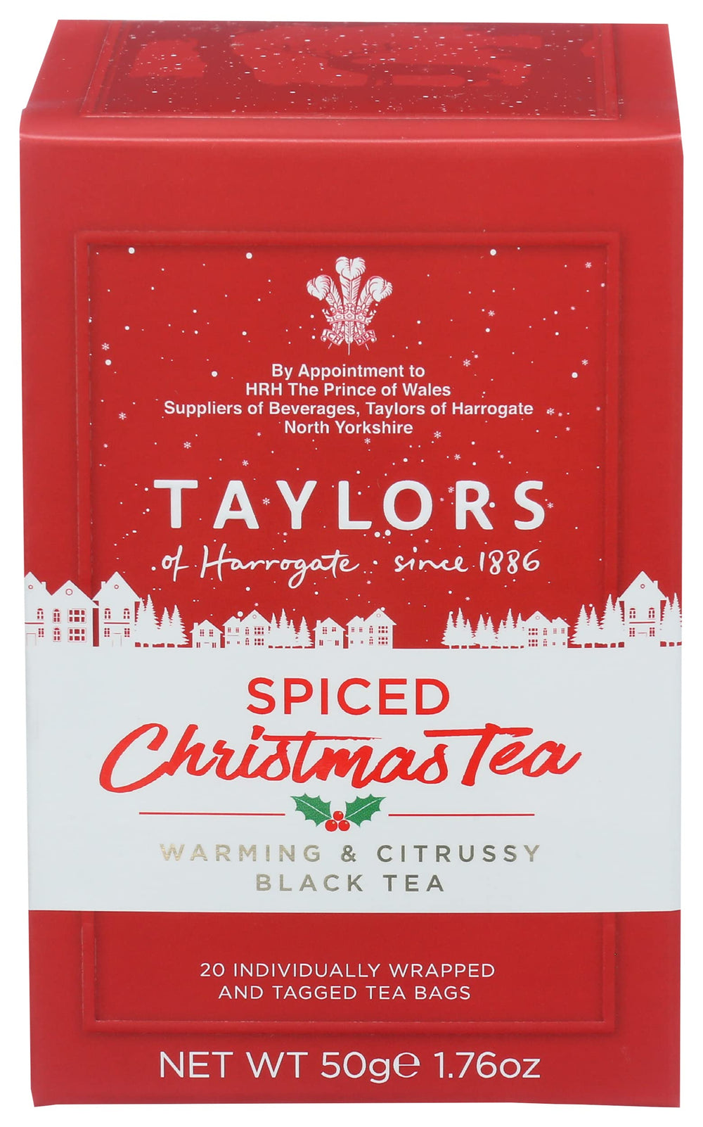 Taylors of Harrogate Spiced Christmas Tea bags in festive packaging, ideal for gifting.