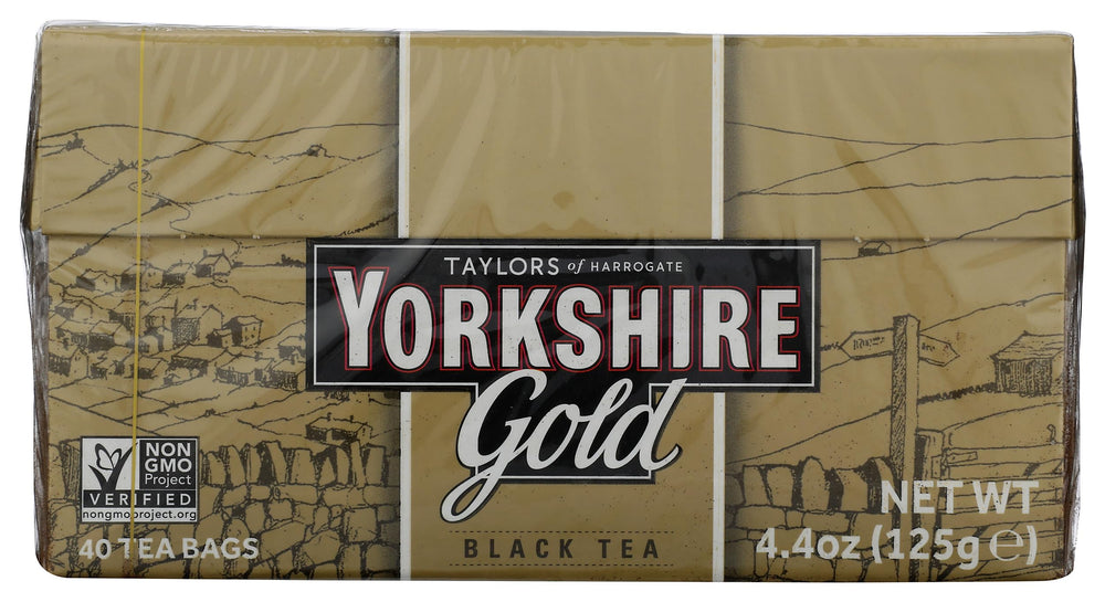 Taylors Yorkshire Gold tea box front, premium blend for a robust morning start