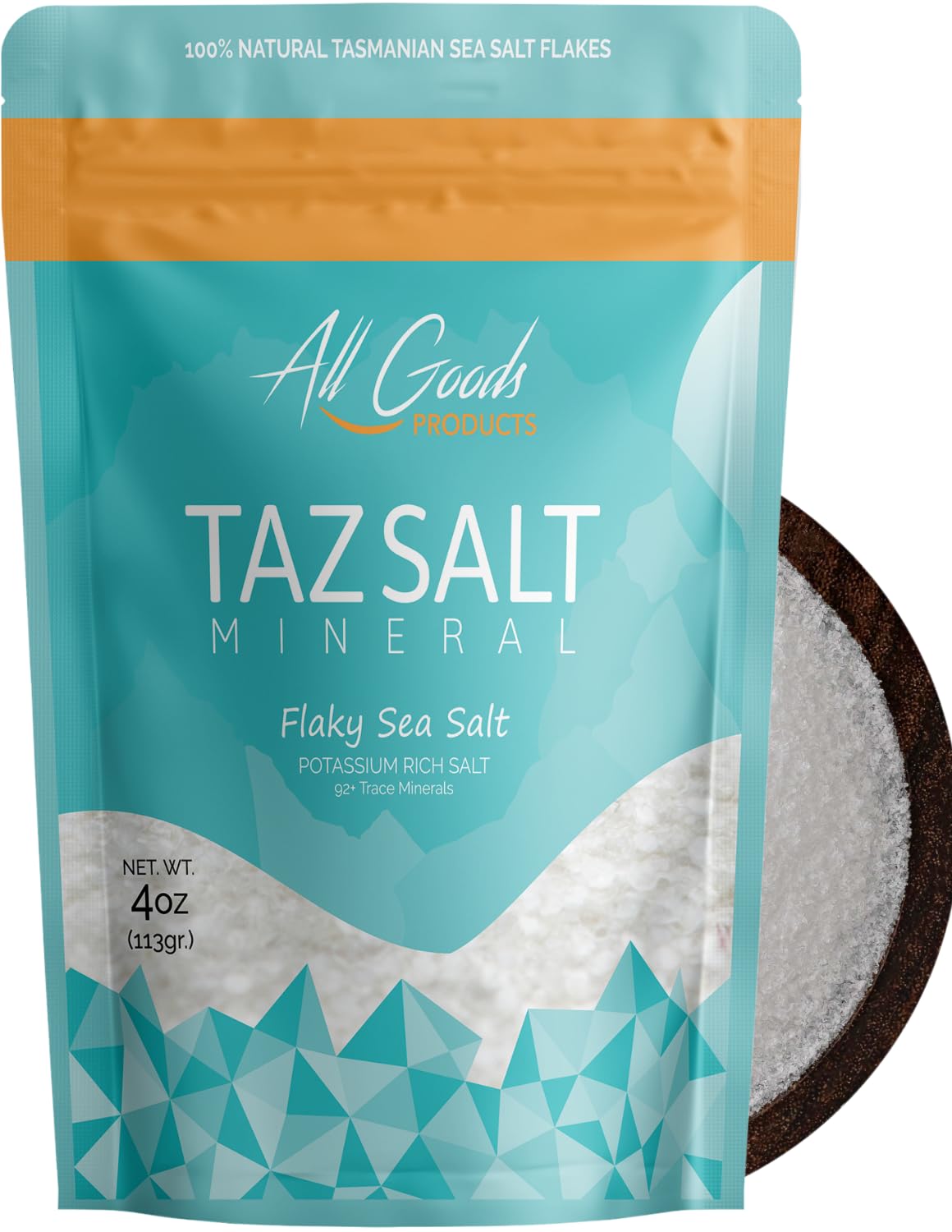 Taz Salt All Goods Tasmanian flaky salt bottle shown as premium finishing salt for gourmet dishes
