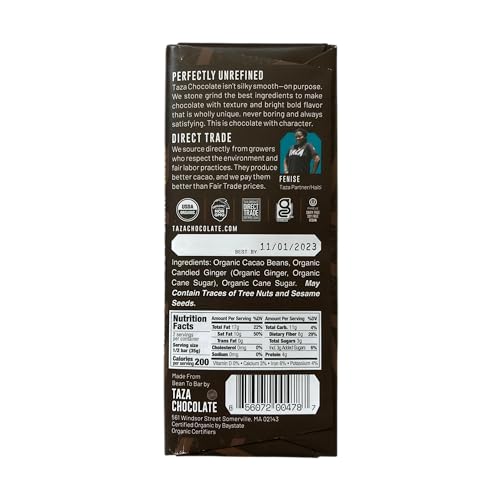 Taza Amaze Bar Ginger closeup, highlighting ginger spice and rich cocoa.