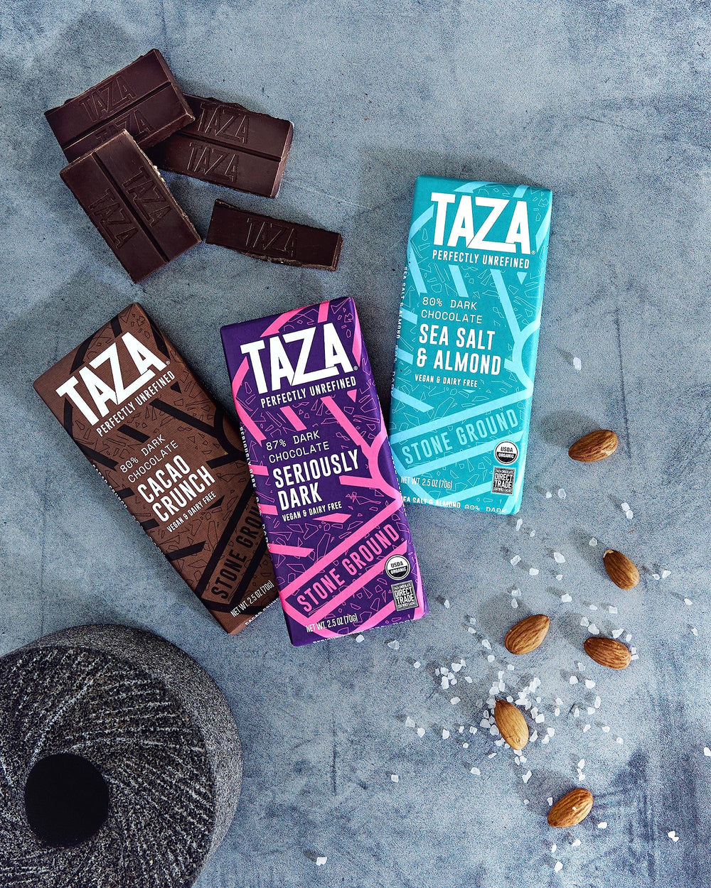 Taza Chocolate Amaze Bar 87% foil-wrapped stacked view suggests sharing and gifting